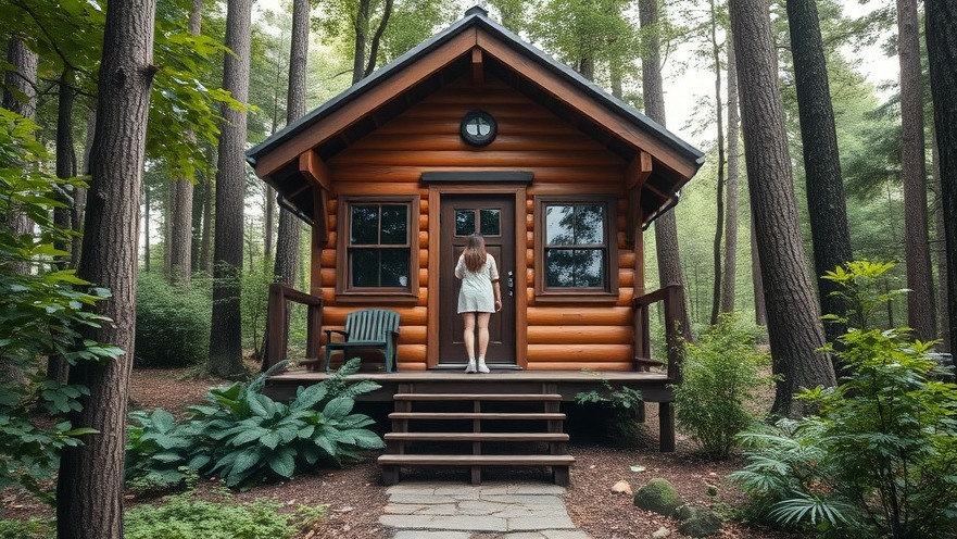 Charming wooden tiny house showcasing sustainable lifestyle amidst lush forest.