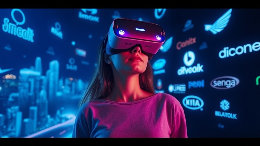 Young woman in VR goggles exploring AI in branding with swirling holographic visuals.