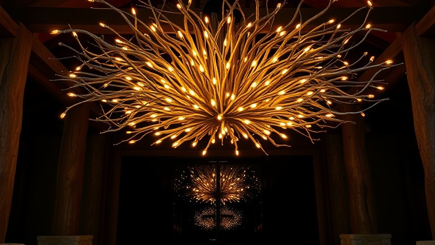 Striking chandelier of twisted branches at El Monte Sagrado entrance glowing warmly.