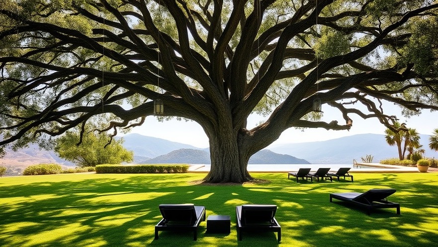 Ancient oak tree in The Ranch Malibu, casting shadows over the serene outdoor lounge.