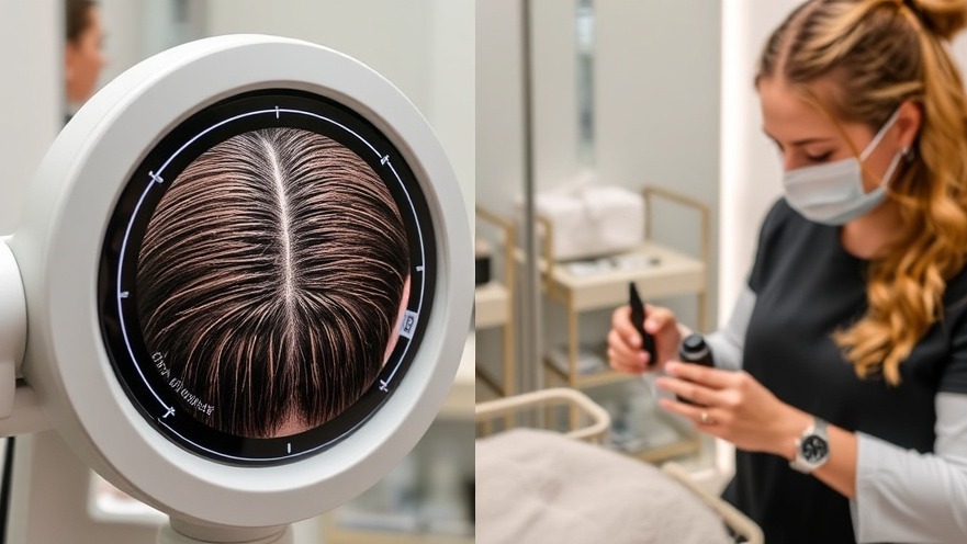 Close-up of trichoscope showing scalp analysis before treatment with therapist's tools.