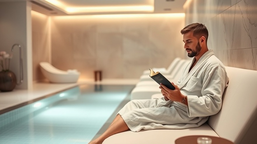A serene spa lounge showcasing men's wellness with a male client in a robe.