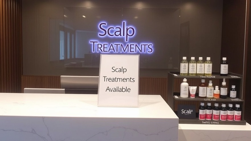 Modern spa reception desk showcasing scalp treatment promotions and product displays.