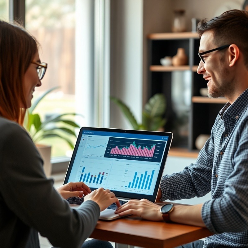 Digital marketer discussing social media strategy with a spa owner in a spa office, focused around a laptop