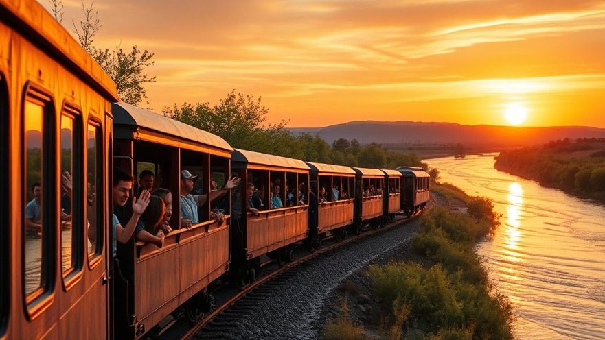 Vibrant Sacramento RiverTrain sunset with families enjoying lush green scenery.