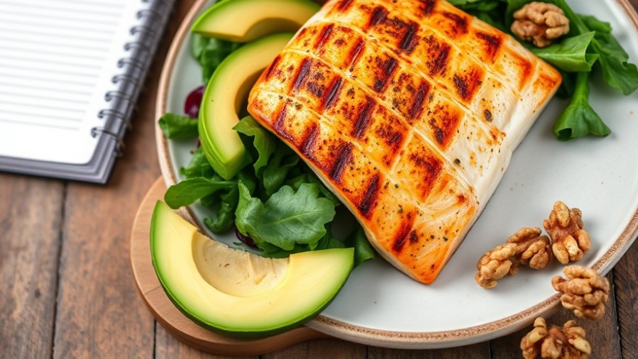 Heart-healthy meal showcasing plant-based sources of omega-3 with grilled fish, avocado, and walnuts.