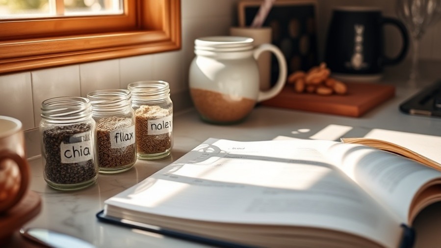 Cozy kitchen scene with plant-based sources of omega-3 in jars and a recipe notebook.