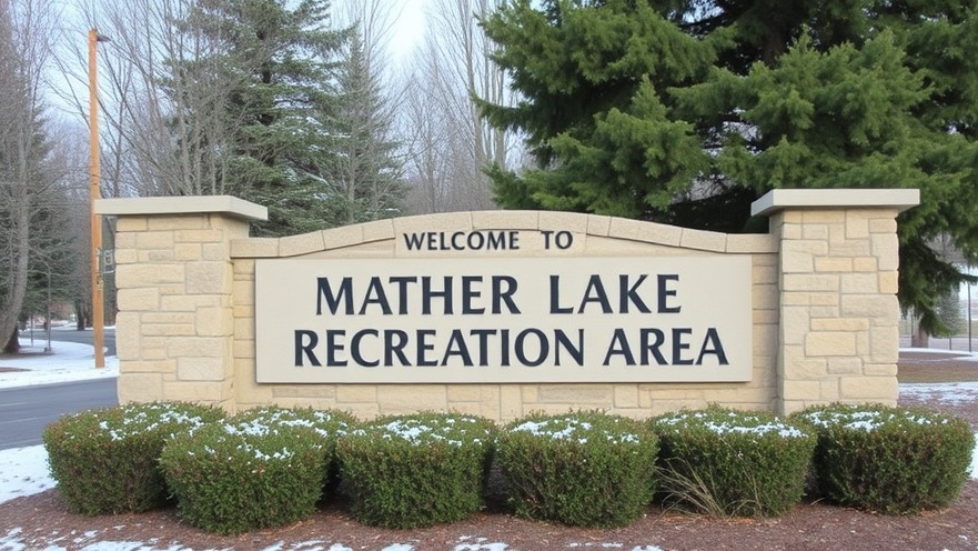 Entrance sign of Mather Lake Rotary Recreation Area surrounded by trimmed shrubs.