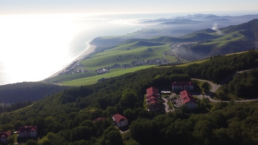 Aerial view of Sycamore Mineral Springs Resort in a valley near the Pacific Ocean.