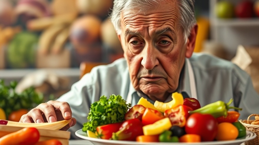 Elderly person focused on a brain-healthy diet with colorful fruits and vegetables, contrasting ultra-processed foods.