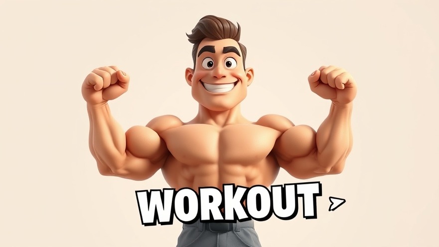 Muscular cartoon character promoting quick exercise routine, 3D Pixar style.