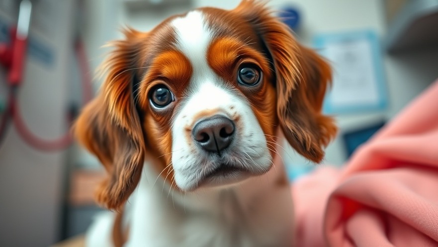 Cavalier King Charles Spaniel in a cozy vet setting, highlighting signs of laryngeal paralysis.