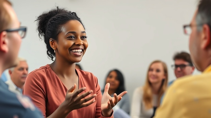 Cheerful woman discussing trauma's impact on mental health and holistic healing.