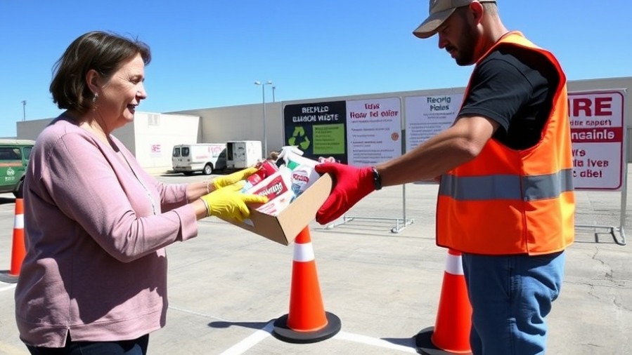 Resident handing cleaning products to a worker at a household hazardous waste drop-off site.