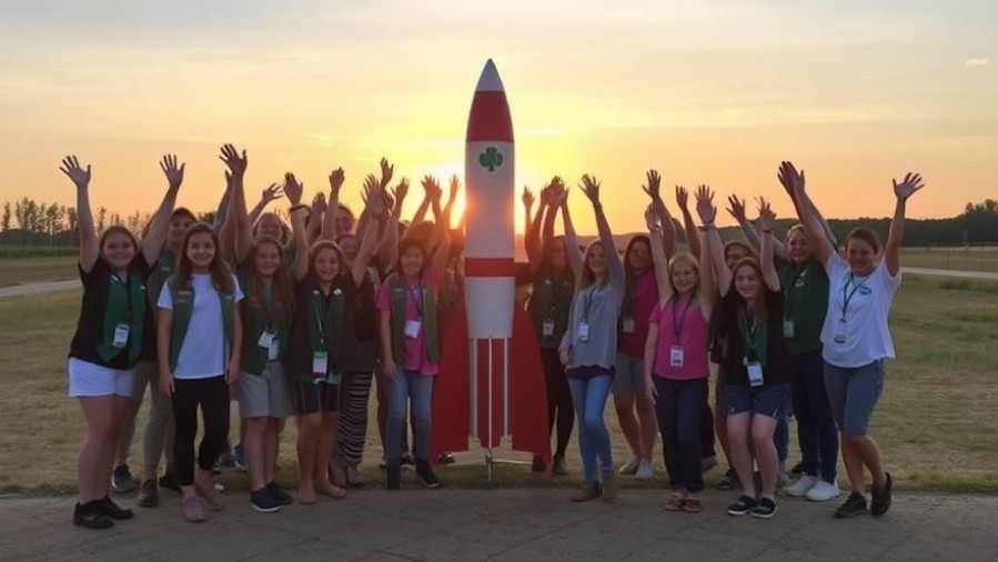 Girl Scouts pose with a rocket model at the Girl Scout Expo Sacramento, promoting STEM education for girls.