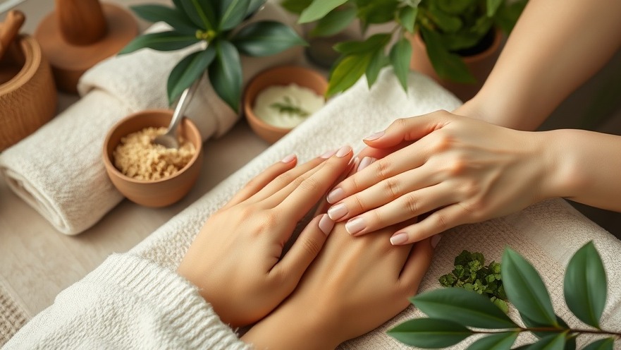 Calm hands receiving non-toxic nail treatment in a sustainable salon with organic scrubs.