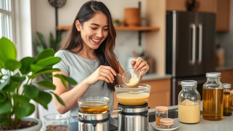 Young woman making sustainable makeup with natural ingredients in a cozy apartment.