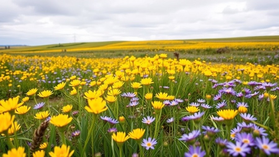Vibrant wildflowers in Phoenix Park blooming near vernal pools under an overcast sky.