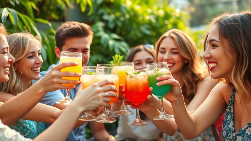 Friends clinking colorful mocktails in nature, highlighting health benefits of moderate drinking.