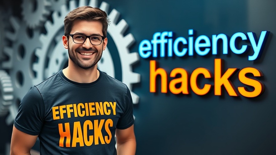 Smiling man with motivational t-shirt beside 'efficiency hacks' sign, promoting team empowerment and client satisfaction.