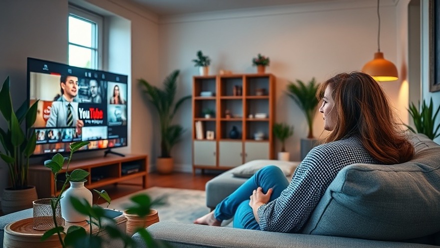 YouTube Creator Economy: Woman relaxing watching YouTube on TV.