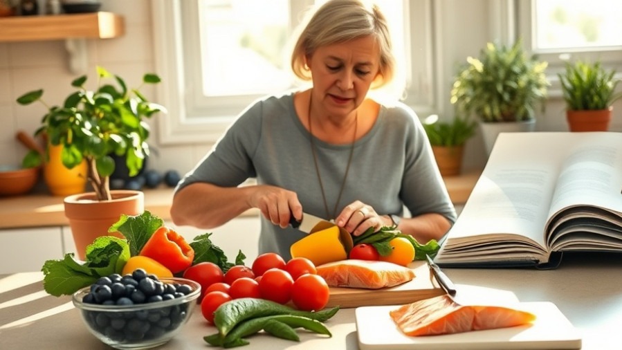 Middle-aged woman preparing nutritious vegetables for cognitive health foods.
