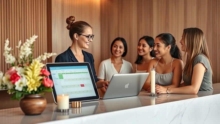 Spa manager discusses Generative AI innovations with team, blending wellness and technology.