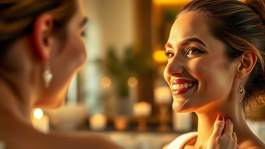 Smiling guest admires glowing skin in a warm spa setting with gold accents.