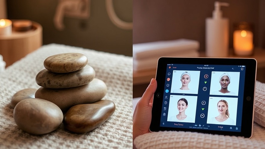 Old vs new spa tools: traditional hot stones beside AI skin diagnostics tablet.
