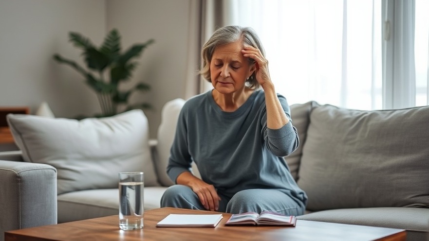 Middle-aged woman on gray sofa, showing signs of dizziness and seeking comfort.