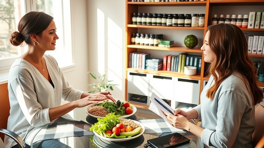 Holistic nutritionist in a warm Sacramento office, guiding a client with whole foods.