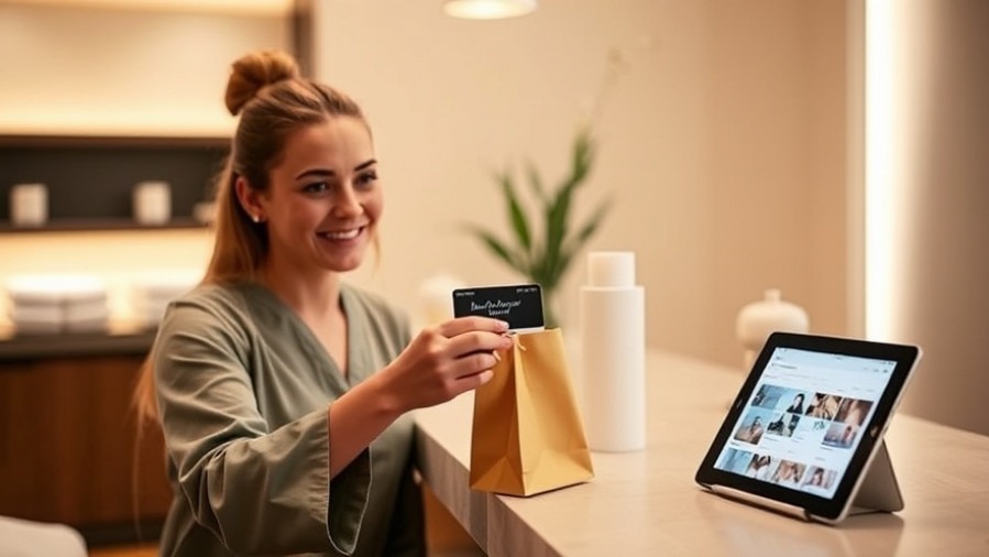Therapist offering a loyalty card to a smiling client, showcasing AI in SEO and customer engagement strategies.