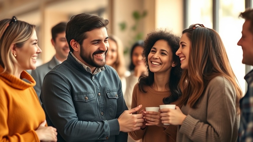 Warm social setting showcasing social anxiety tools through compliments and connections.