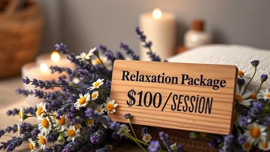 Close-up shot of serene, aromatic lavender and calming chamomile flowers, with a wooden sign indicating "Relaxation Package: $100/session."