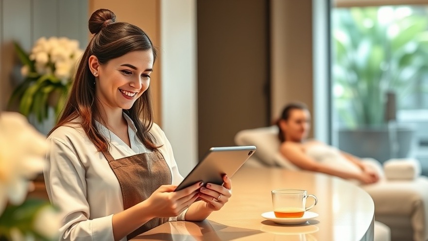 Spa receptionist using tablet for client check-in, blending technology with spa hospitality.