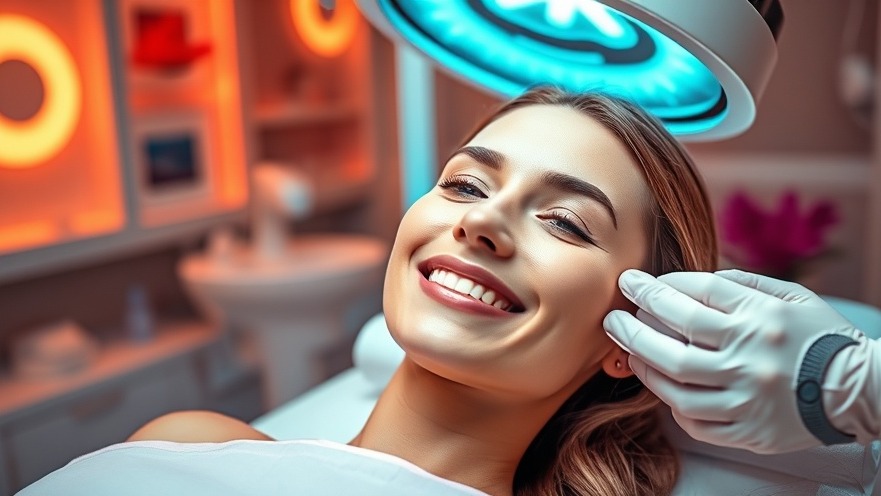 Smiling woman enjoying skincare treatment in a modern med spa with sleek decor.