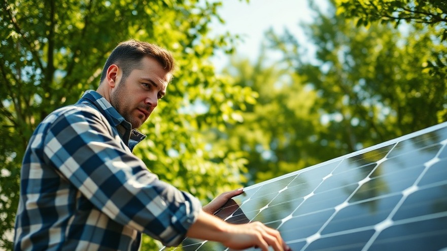 Determined man installing portable solar panels, showcasing eco-friendly energy solutions.
