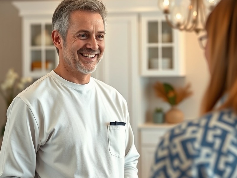 Day spa owner, middle-aged man, smiling confidently, standing in spa lobby indoors, talking to a client