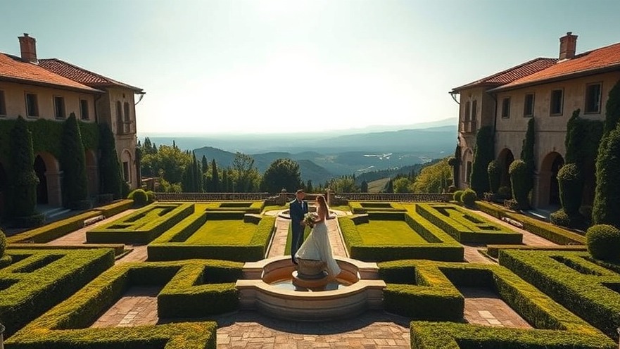 Cinematic Mediterranean villa garden with a wedding couple in elegant attire.