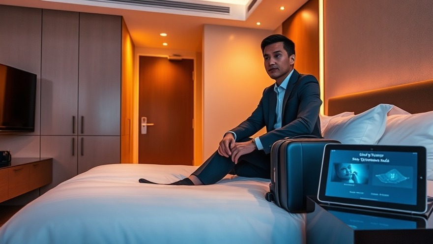 Modern hotel suite showcasing restful luxury for business travelers, with warm evening light.