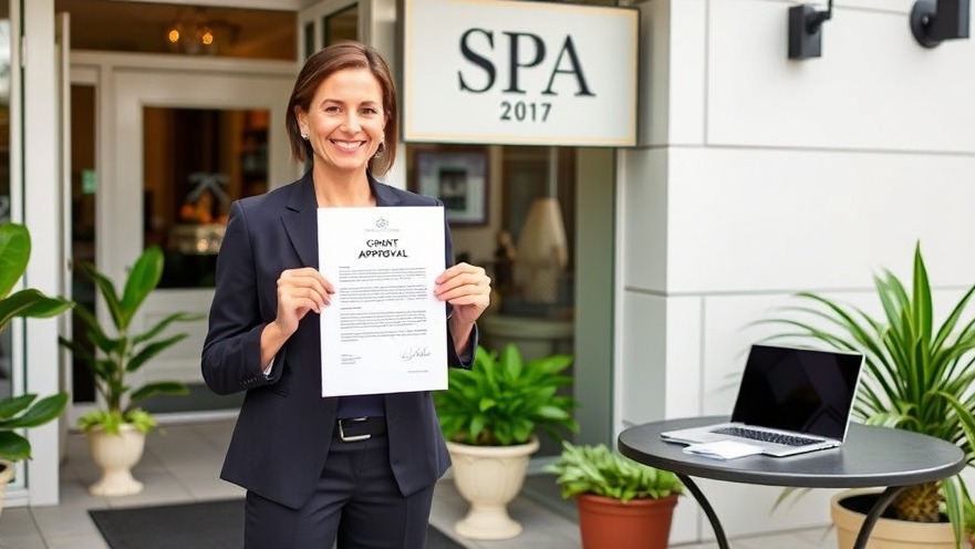 Spa owner celebrates small business grants, showcasing grant approval with joy.