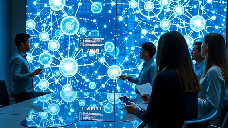 A professional setting shows a group of people gathered around a sleek conference table. On the wall behind them is a large, interactive digital display filled with glowing, interconnected nodes and dynamic data visuals, symbolizing AI.