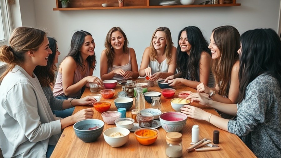 Friends blending homemade eyeshadow for eco-friendly beauty in a cozy setting.