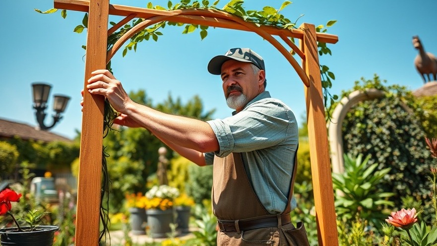 Man assembling an arch trellis in a vibrant garden for vertical gardening projects.