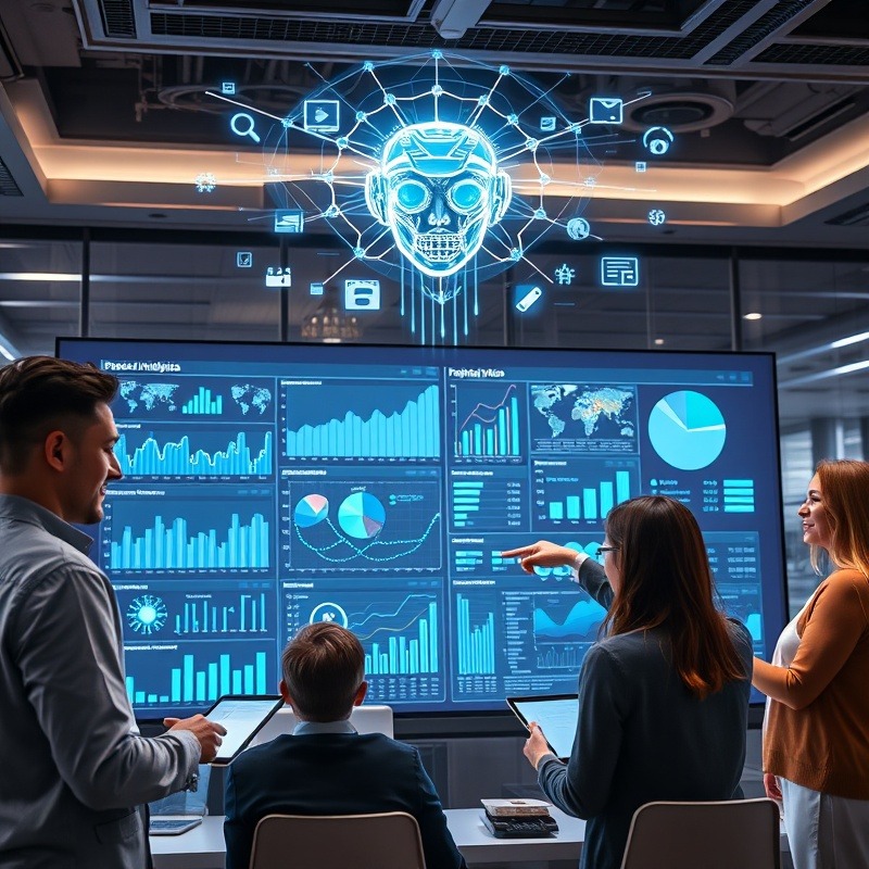 AI marketing tools in use by analysts in a modern office.