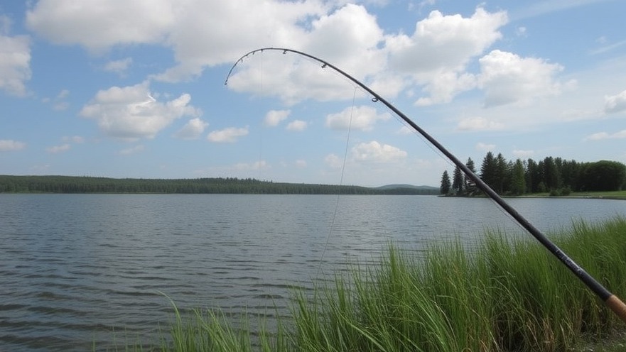Fishing at Mather Lake with a pole over calm waters and green shoreline.