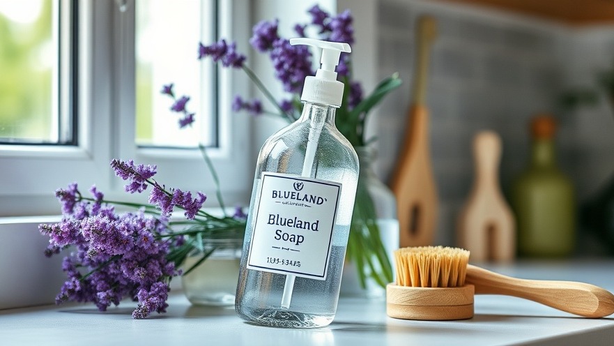 Photorealistic biodegradable dish soap bottle beside purple flowers in serene kitchen.