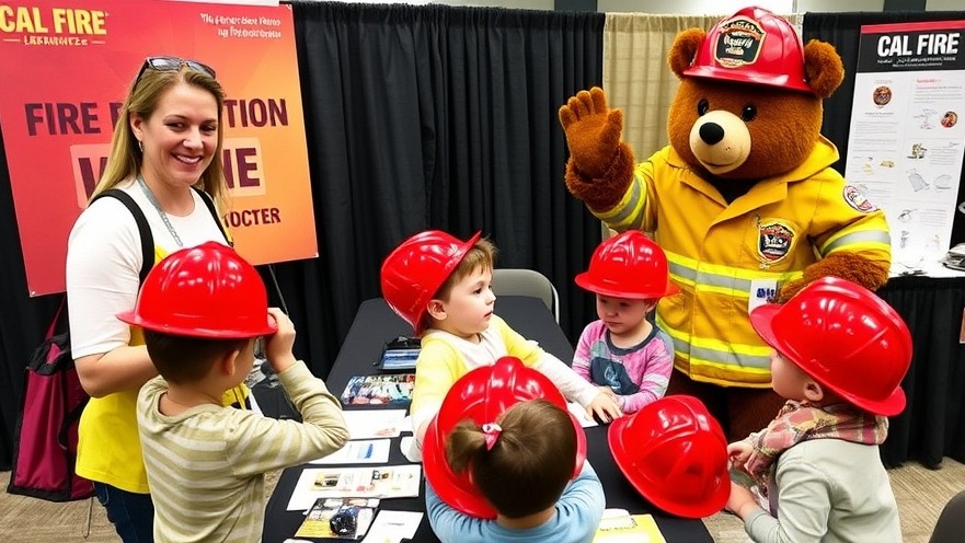 Cheerful CAL FIRE representative with kids in red helmets at a fire safety booth.