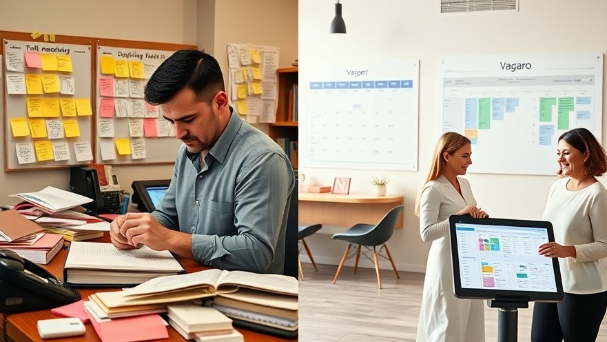 Visual transition from chaotic paper scheduling to Vagaro spa software's serene digital harmony.