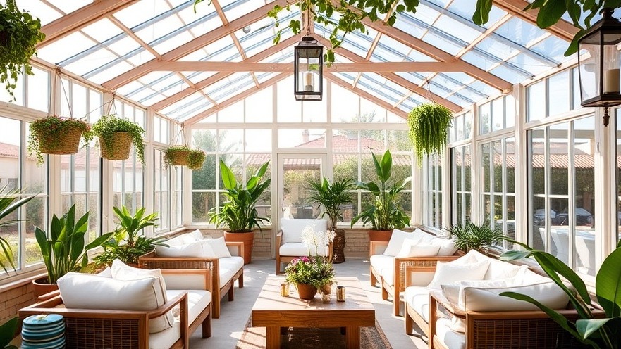 Bright conservatory lounge at The Ranch Malibu with white seating and greenery.